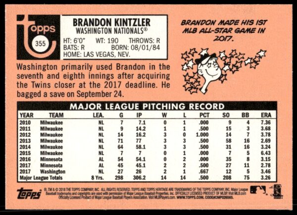 2018 Topps Heritage Brandon Kintzler #355 (Back)