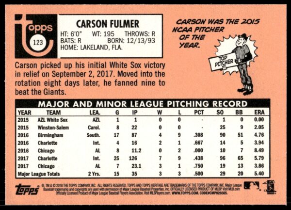 2018 Topps Heritage Carson Fulmer #123 (Back)