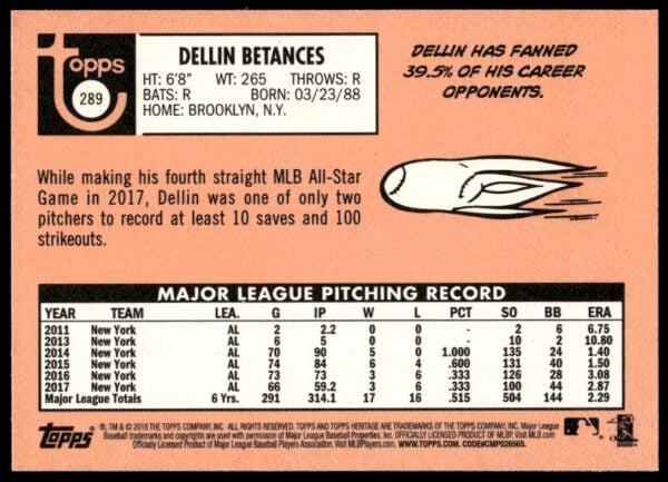 2018 Topps Heritage Dellin Betances #289 (Back)