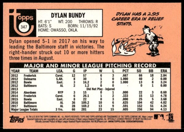 2018 Topps Heritage Dylan Bundy #347 (Back)