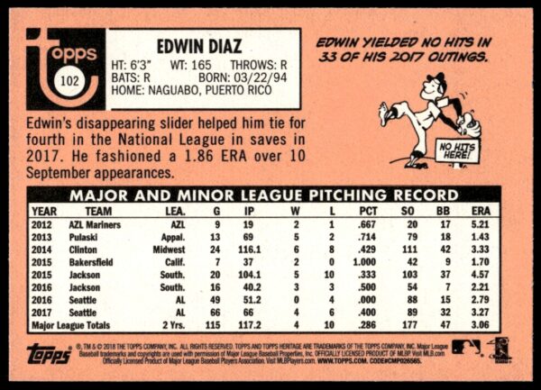 2018 Topps Heritage Edwin Diaz #102 (Back)