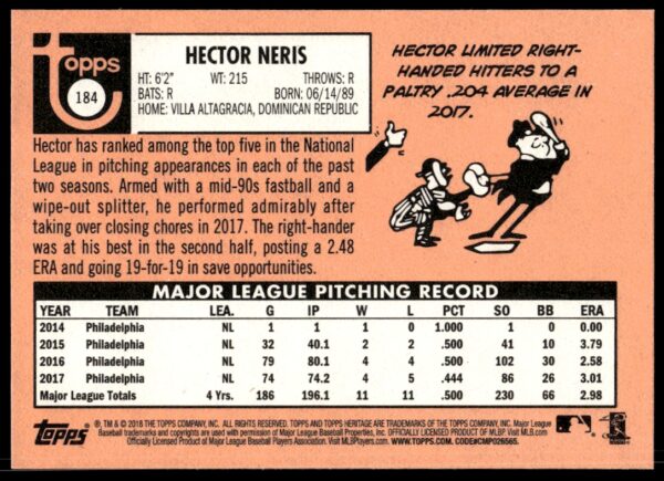 2018 Topps Heritage Hector Neris #184 (Back)