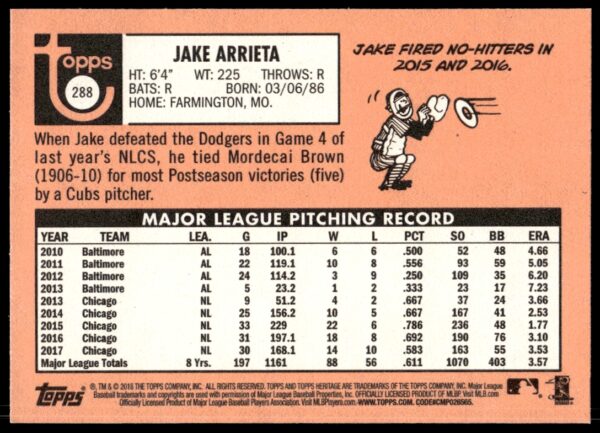 2018 Topps Heritage Jake Arrieta #288 (Back)