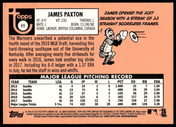 2018 Topps Heritage James Paxton #69 (Back)