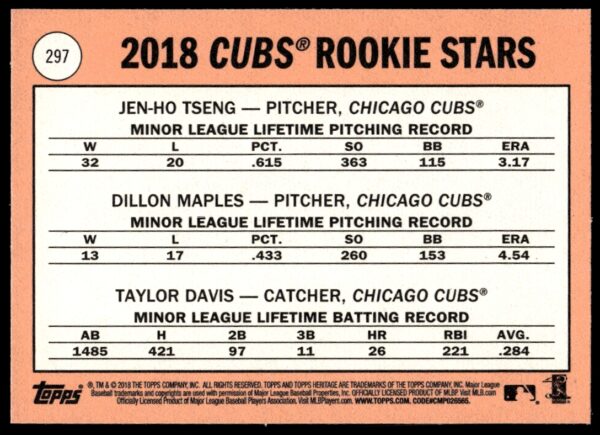 2018 Topps Heritage Jen-Ho Tseng / Dillon Maples / Taylor Davis #297 (Back)