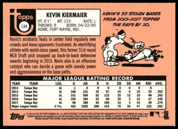 2018 Topps Heritage Kevin Kiermaier #134 (Back)