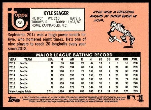 2018 Topps Heritage Kyle Seager #233 (Back)