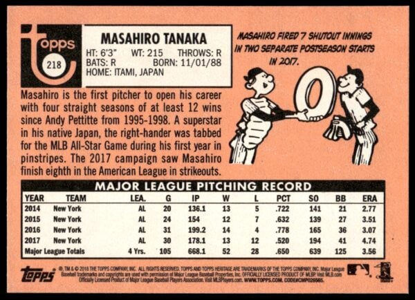 2018 Topps Heritage Masahiro Tanaka #218 (Back)