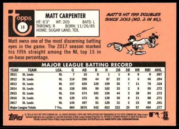 2018 Topps Heritage Matt Carpenter #18 (Back)