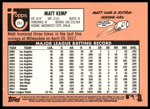 2018 Topps Heritage Matt Kemp #251 (Back)