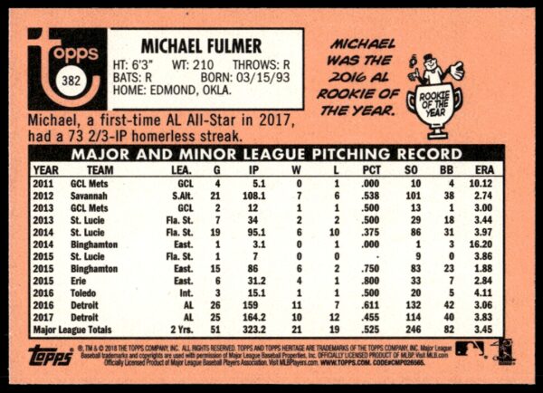 2018 Topps Heritage Michael Fulmer #382 (Back)