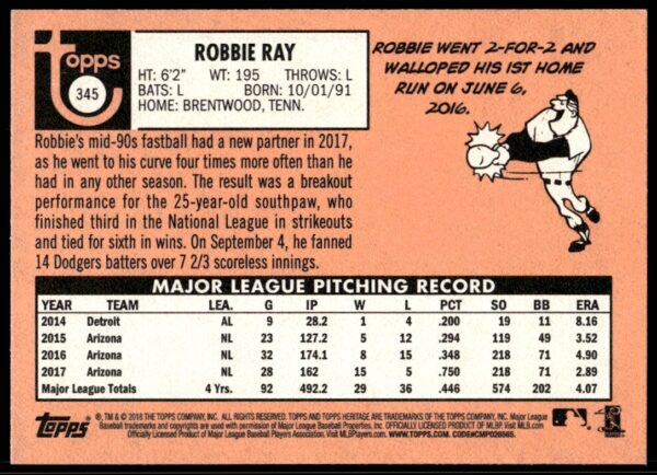 2018 Topps Heritage Robbie Ray #345 (Back)