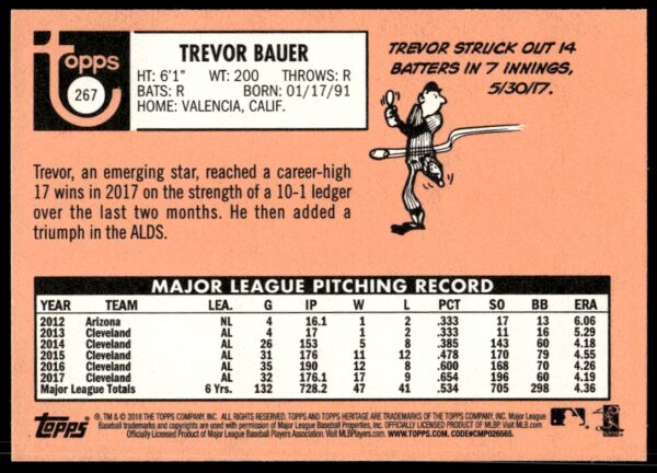 2018 Topps Heritage Trevor Bauer #267 (Back)