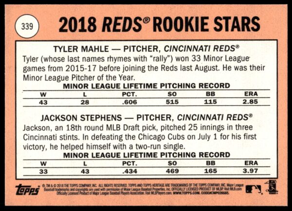 2018 Topps Heritage Tyler Mahle / Jackson Stephens #339 (Back)