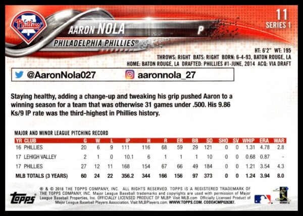 2018 Topps Series 1 Aaron Nola #11 (Back)