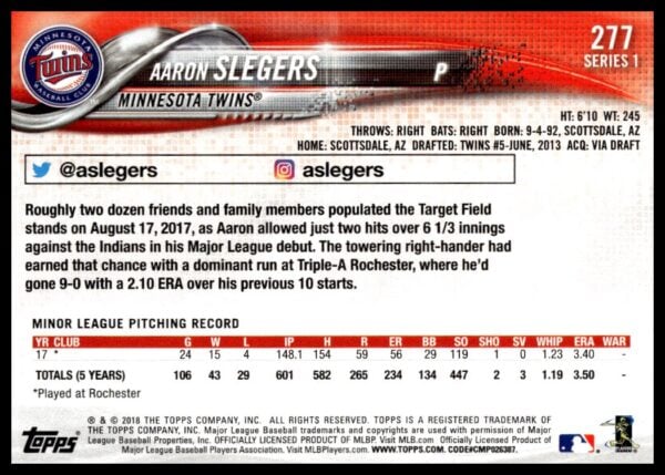 2018 Topps Series 1 Aaron Slegers #277 (Back)