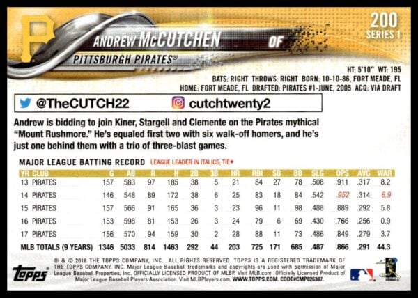 2018 Topps Series 1 Andrew McCutchen #200 (Back)