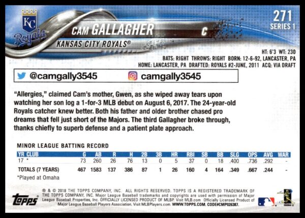 2018 Topps Series 1 Cam Gallagher #271 (Back)