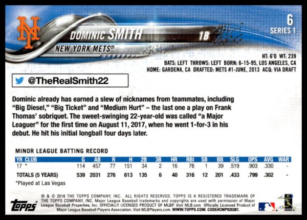 2018 Topps Series 1 Dominic Smith #6 (Back)