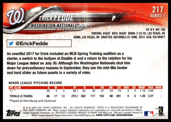 2018 Topps Series 1 Erick Fedde #217 (Back)