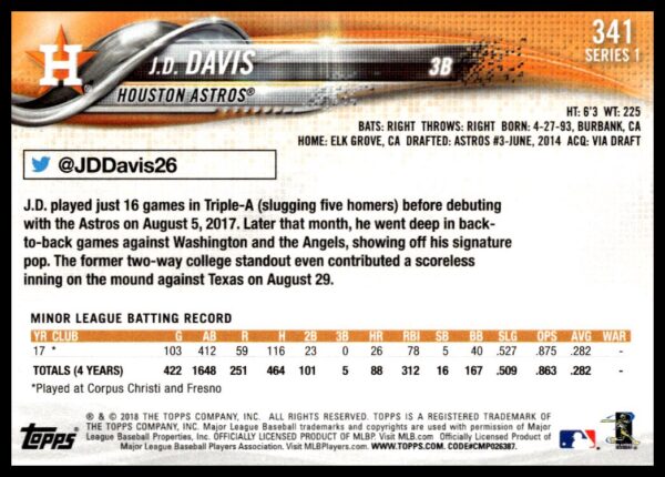 2018 Topps Series 1 J.D. Davis #341 (Back)