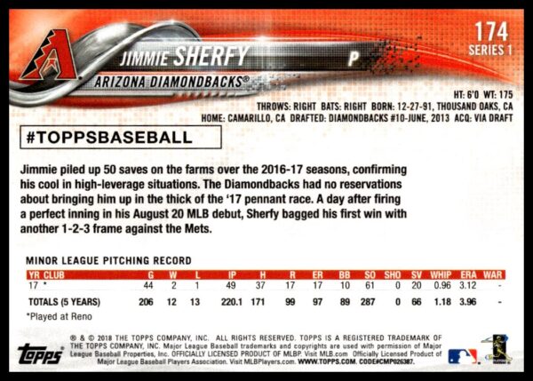 2018 Topps Series 1 Jimmie Sherfy #174 (Back)