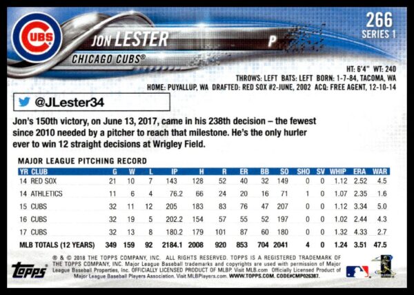 2018 Topps Series 1 Jon Lester #266 (Back)