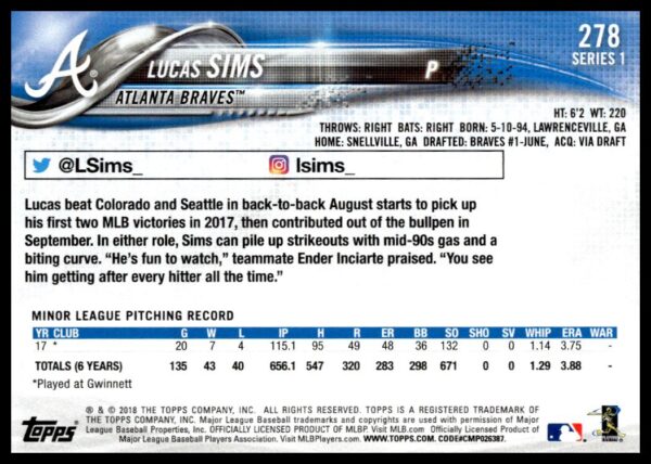 2018 Topps Series 1 Lucas Sims #278 (Back)