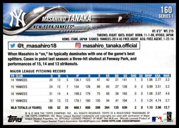 2018 Topps Series 1 Masahiro Tanaka #160 (Back)