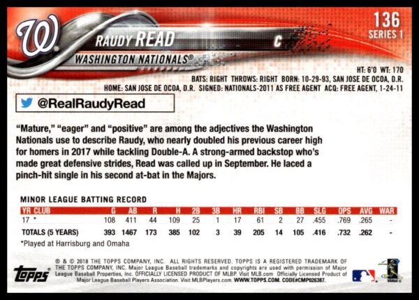 2018 Topps Series 1 Raudy Read #136 (Back)