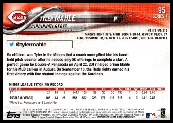 2018 Topps Series 1 Tyler Mahle #95 (Back)