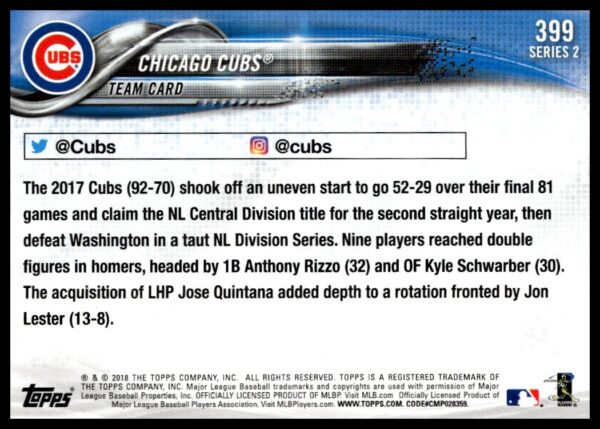 2018 Topps Series 2 Chicago Cubs #399 (Back)