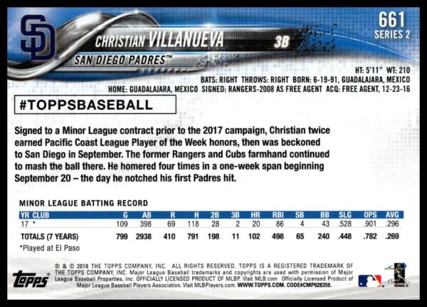 2018 Topps Series 2 Christian Villanueva #661 (Back)