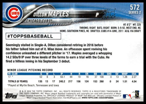 2018 Topps Series 2 Dillon Maples #572 (Back)