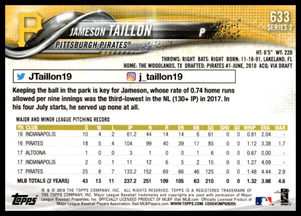 2018 Topps Series 2 Jameson Taillon #633 (Back)