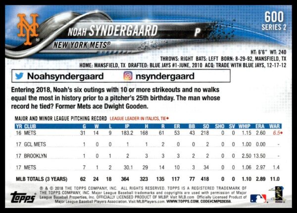 2018 Topps Series 2 Noah Syndergaard #600 (Back)