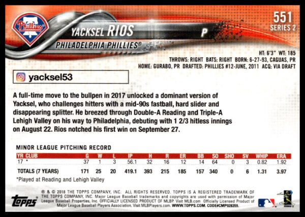 2018 Topps Series 2 Yacksel Rios #551 (Back)