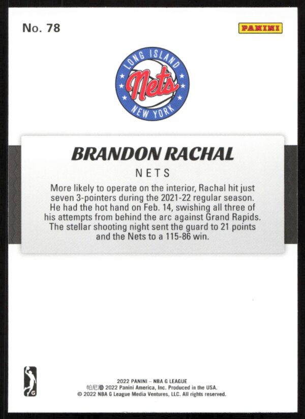 2021-22 Panini NBA G League Brandon Rachal #78 (Back)