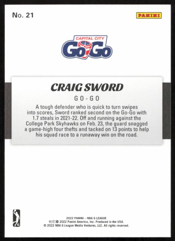 2021-22 Panini NBA G League Craig Sword #21 (Back)