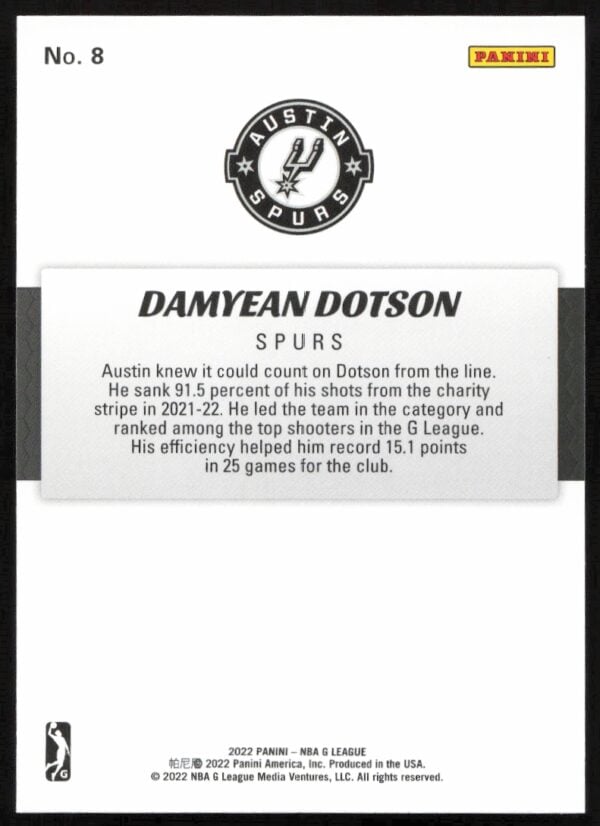 2021-22 Panini NBA G League Damyean Dotson #8 (Back)