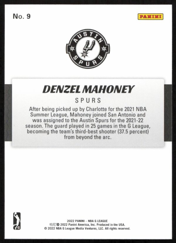 2021-22 Panini NBA G League Denzel Mahoney #9 (Back)