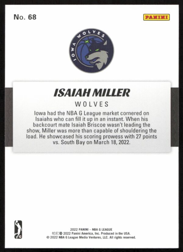 2021-22 Panini NBA G League Isaiah Miller #68 (Back)