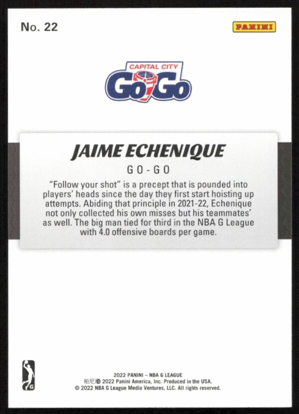 2021-22 Panini NBA G League Jaime Echenique #22 (Back)