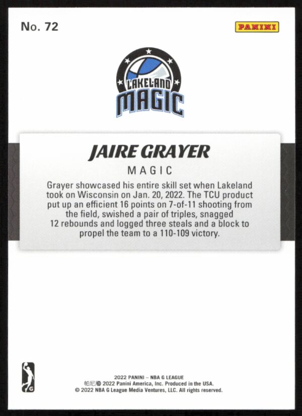 2021-22 Panini NBA G League Jaire Grayer #72 (Back)