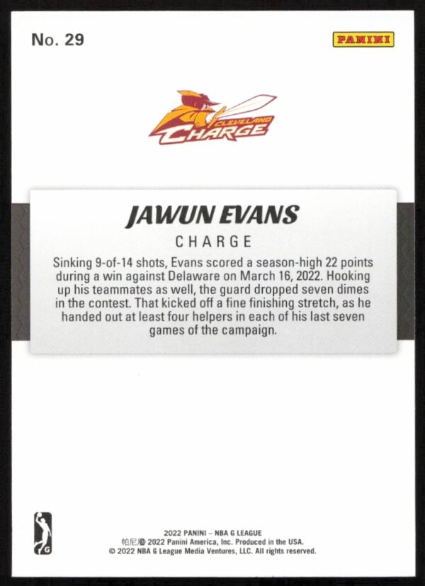 2021-22 Panini NBA G League Jawun Evans #29 (Back)