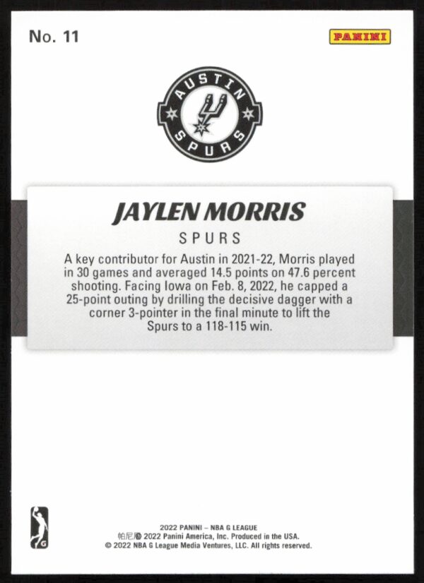 2021-22 Panini NBA G League Jaylen Morris #11 (Back)