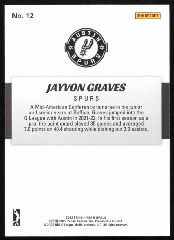 2021-22 Panini NBA G League Jayvon Graves #12 (Back)