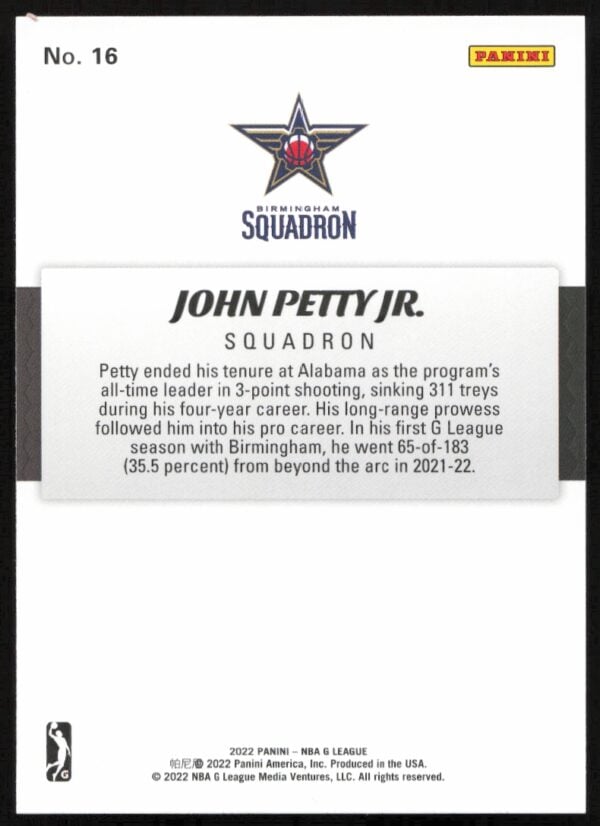 2021-22 Panini NBA G League John Petty Jr. #16 (Back)