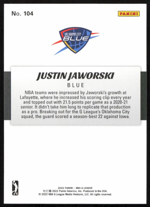 2021-22 Panini NBA G League Justin Jaworski #104 (Back)