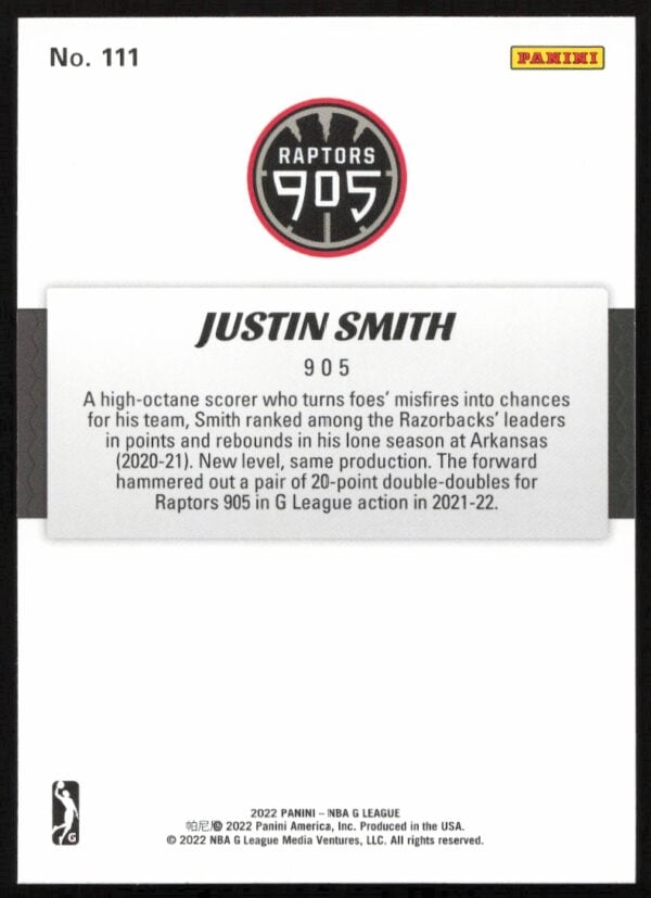 2021-22 Panini NBA G League Justin Smith #111 (Back)